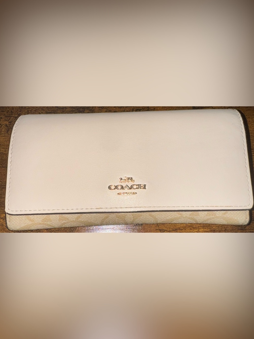 Coach Slim Trifold Wallet Signature Canvas Light Khaki Chalk Snap Closure